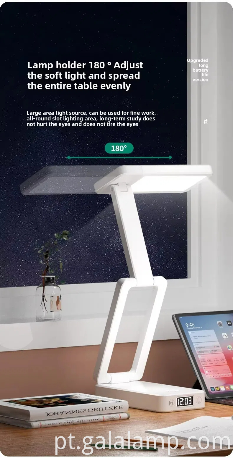 Lâmpada de mesa dobrável recarregável, lâmpada de mesa para leitura de relógio Rechargeable Folding Desk Lamp, Clock Reading Desk Lamp